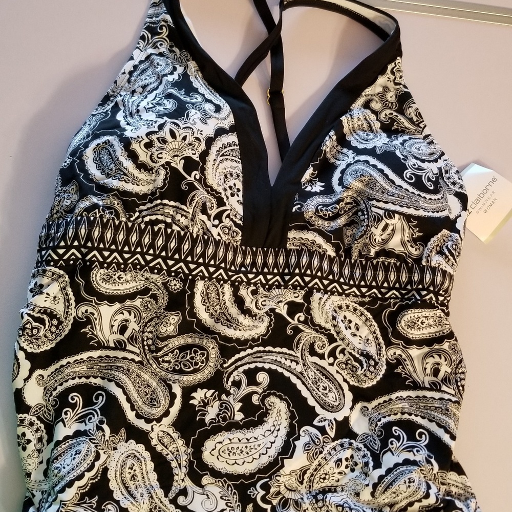 black & white flower/ rain drop print tankini top